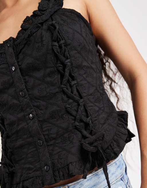 Miss Selfridge Petite – Svart, broderad korsettopp i bomull, 4 av 4