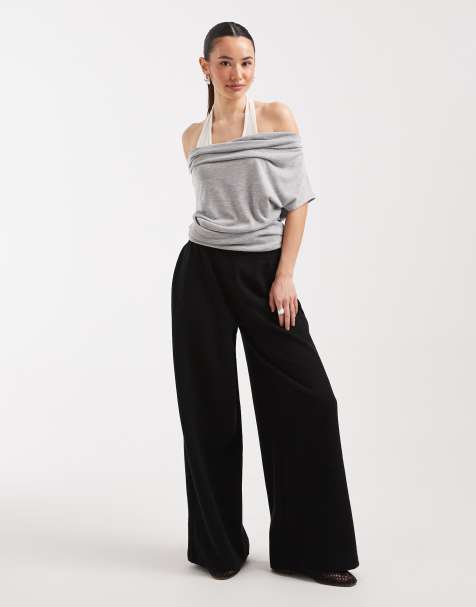Miss Selfridge Petite – Svarta, ribbade, mjuka byxor - view 1