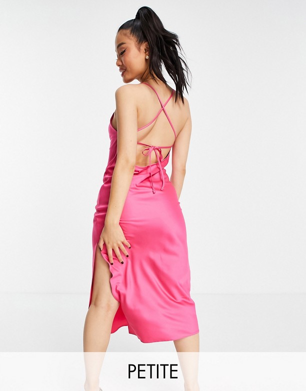  Sprzedawanie Miss Selfridge Petite – Sznurowana satynowa sukienka w kolorze rÓżowym na ramiączkach Jaskrawy rÓż