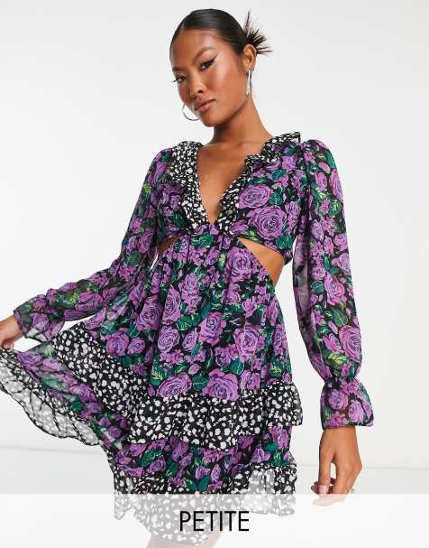 Miss Selfridge Petite – Szyfonowa sukienka mini z ozdobną falbanką i mieszanym wzorem - view 1