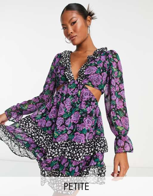 Miss Selfridge Petite – Szyfonowa sukienka mini z ozdobną falbanką i mieszanym wzorem