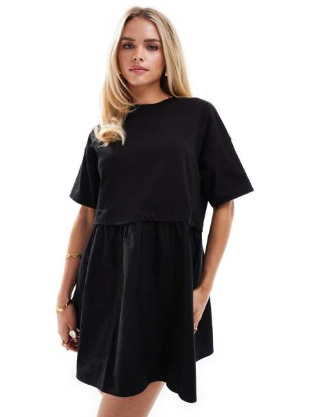 Miss Selfridge Petite - T-shirt-smock-minikjole med korte ærmer i sort poplin - view 1