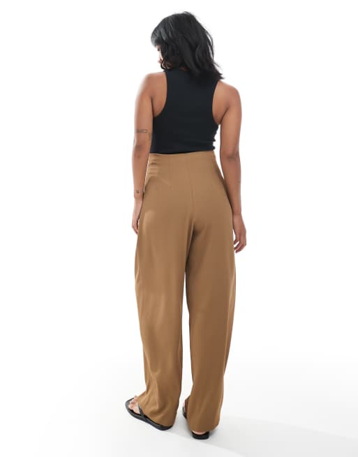 Miss Selfridge Petite tailored barrel leg pants in tobacco