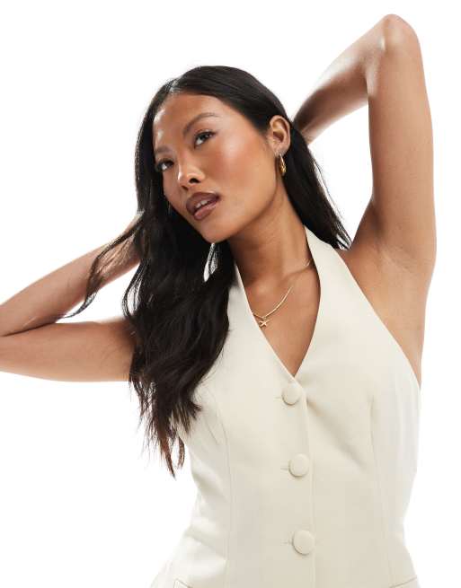Miss Selfridge Petite tailored halter mini dress in cream, 3 of 4