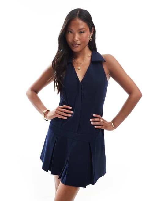 Miss Selfridge Petite tailored halter neck mini dress in navy, 3 of 4