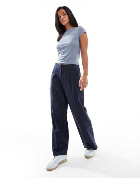 Miss Selfridge Petite tailored high waist pants in navy pinstripe - view 1