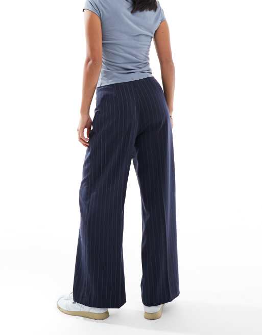 Miss Selfridge Petite tailored high waisted trouser in navy pinstripe, 2 of 5