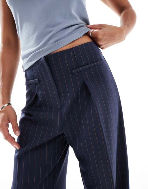 Miss Selfridge Petite tailored high waisted trouser in navy pinstripe, 3 of 5