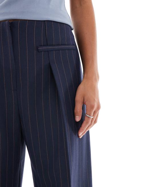 Miss Selfridge Petite tailored high waisted trouser in navy pinstripe, 4 of 5