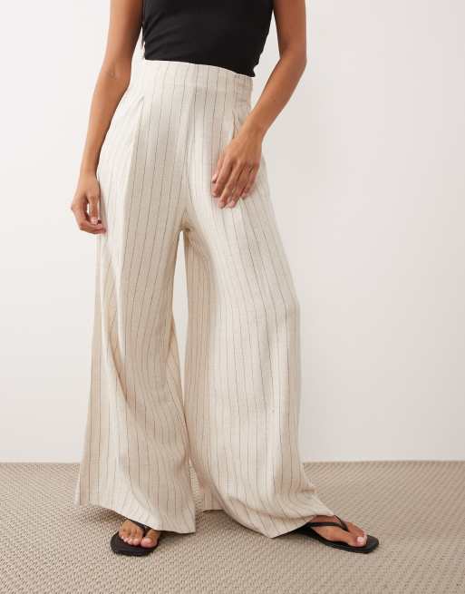 Miss Selfridge Petite tailored linen look palazzo trouser in neutral stripe, 2 of 5