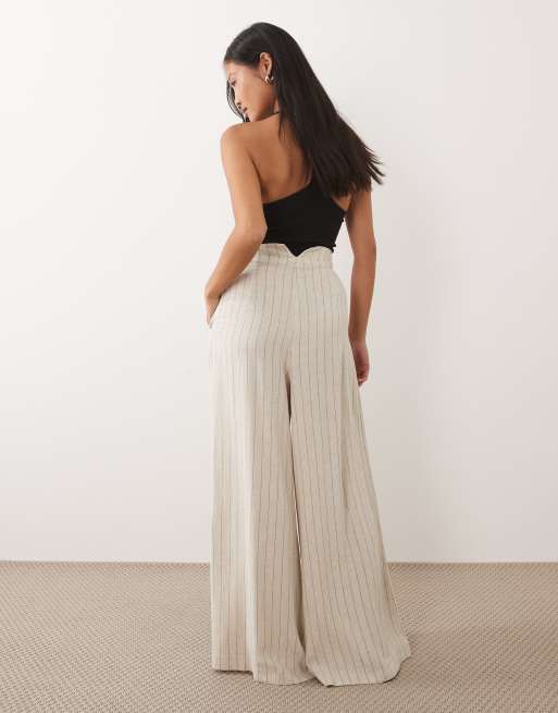 Miss Selfridge Petite tailored linen look palazzo trouser in neutral stripe, 4 of 5