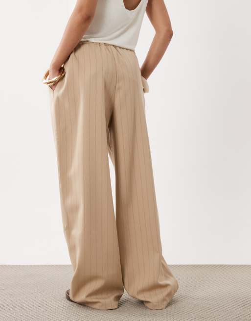 Miss Selfridge Petite tailored pull on trouser in neutral pinstripe, 5 of 5