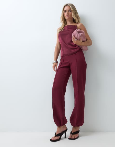 Miss Selfridge petite tailored slim leg balloon trouser with pintucks co-ord in berry - view 1