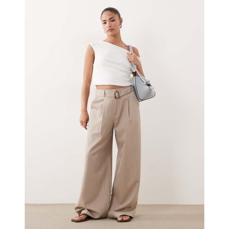 Miss Selfridge Petite tailored wide leg buckle pants in camel