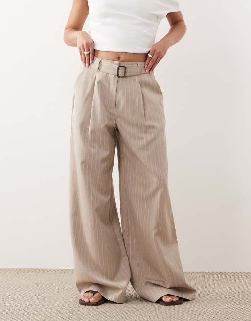 Miss Selfridge Petite tailored wide leg buckle trouser in camel pinstripe, 2 of 5