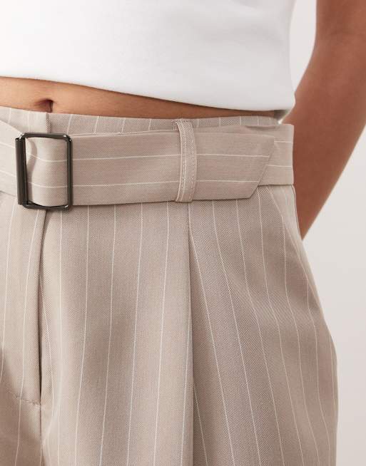 Miss Selfridge Petite tailored wide leg buckle trouser in camel pinstripe, 4 of 5