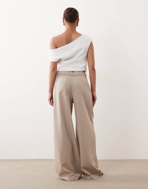 Miss Selfridge Petite tailored wide leg buckle trouser in camel pinstripe, 5 of 5