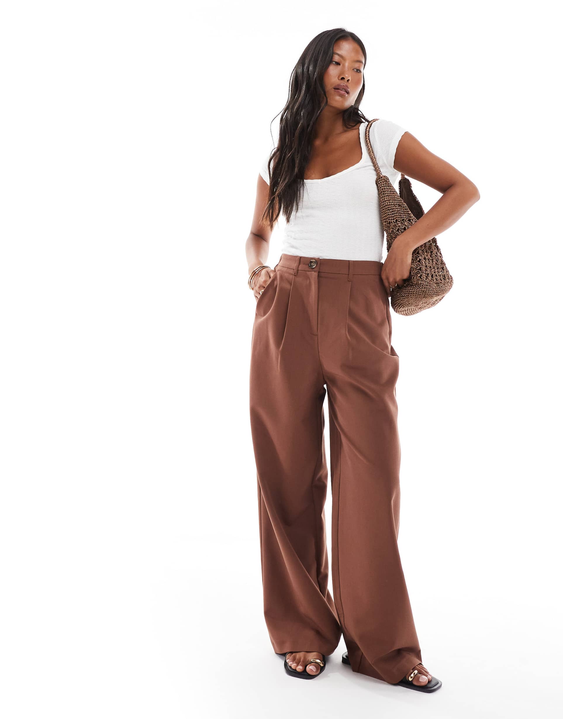 miss selfridge petite tailored wide leg pants in brown