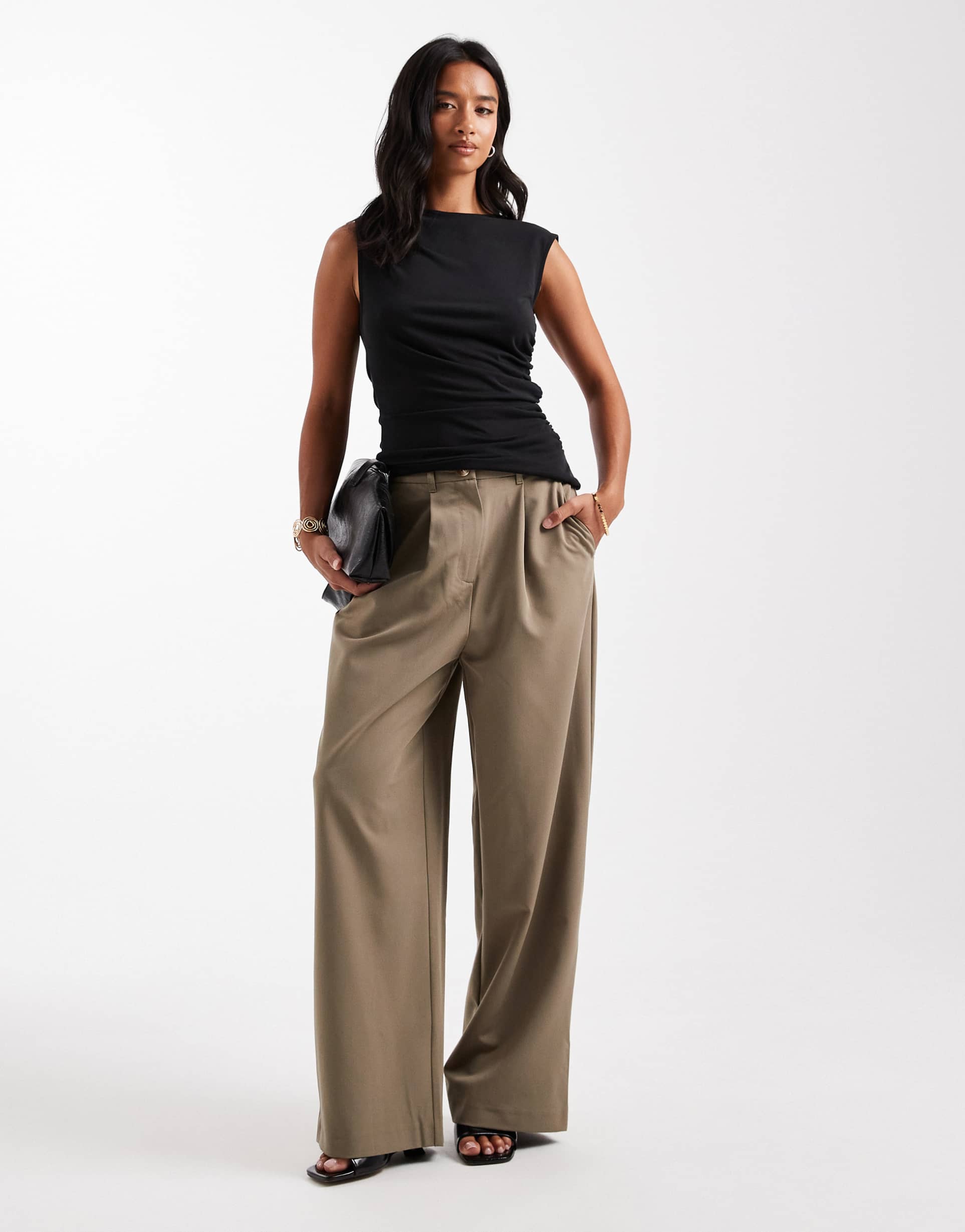 miss selfridge petite tailored wide leg pants in khaki