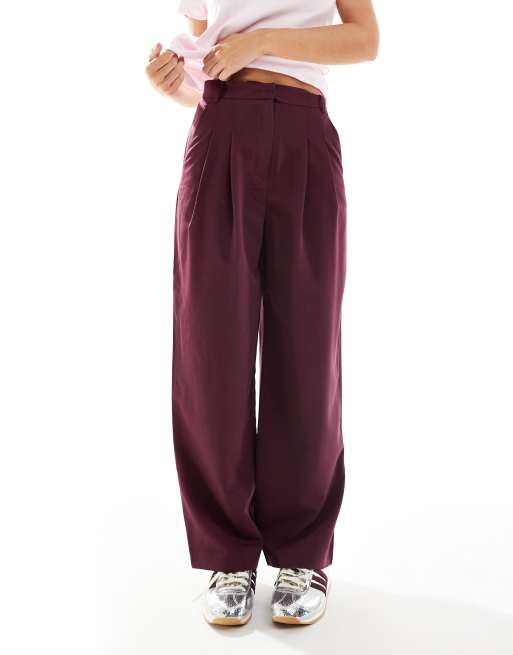Miss Selfridge Petite tailored wide leg trouser in dark plum, 2 of 5