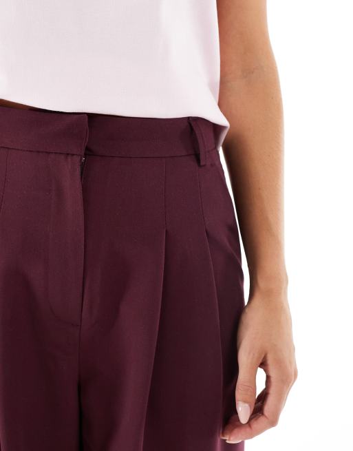 Miss Selfridge Petite tailored wide leg trouser in dark plum, 4 of 5