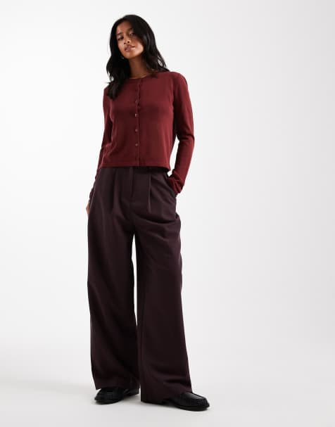 Miss Selfridge Petite tailored wide leg trouser in deep plum