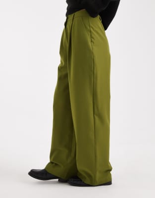 Miss Selfridge Petite Tailored Wide Leg Trouser In Green