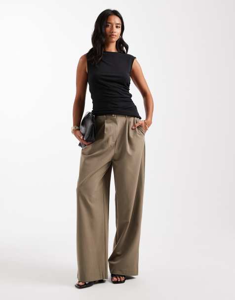Miss Selfridge Petite tailored wide leg trouser in khaki - view 1