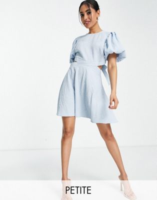 Miss Selfridge Petite textured cut out fit and flare mini dress in blue - ASOS Price Checker