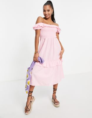 Miss Selfridge Petite Textured Frill Detail Shirred Midi Dress In Pink