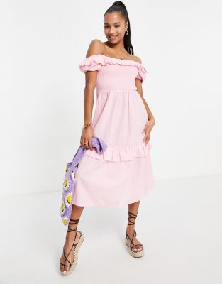 Miss Selfridge Petite textured frill detail shirred midi dress in pink