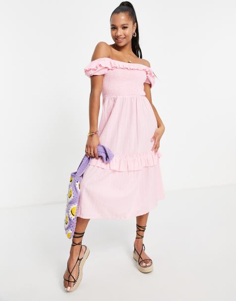 Miss Selfridge Petite textured frill detail shirred midi dress in pink - view 1