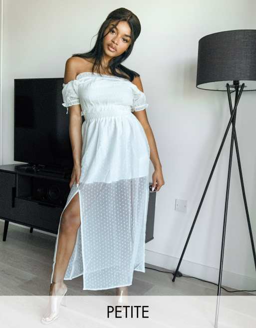 Miss Selfridge Petite textured mesh bardot maxi dress in ivory | ASOS