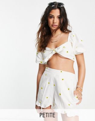 Miss Selfridge Petite tie front crop top with daisy embroidery in ivory