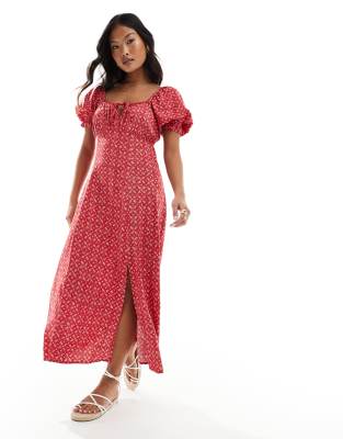 tie front midaxi tea dress in red paisley polka dot