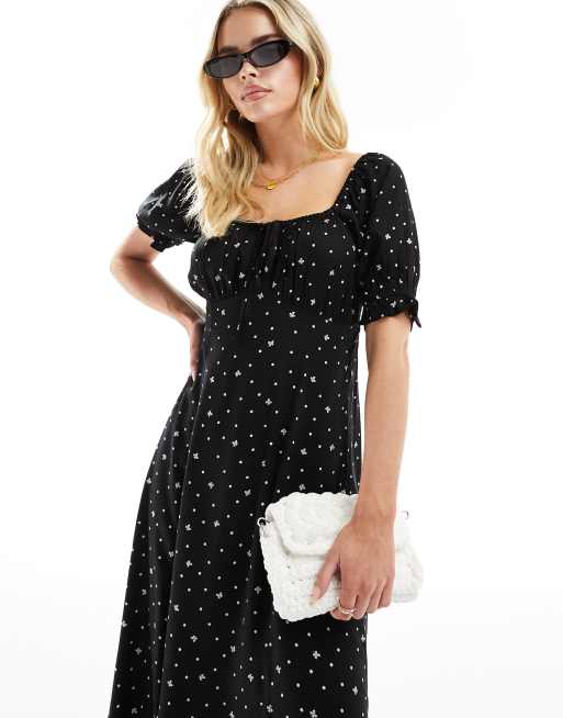 Miss Selfridge star print square neck midi dress in black