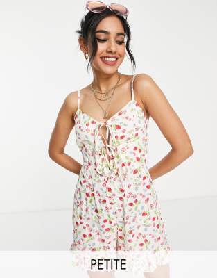 Miss Selfridge Petite tie front playsuit in fruit ditsy print - ASOS Price Checker