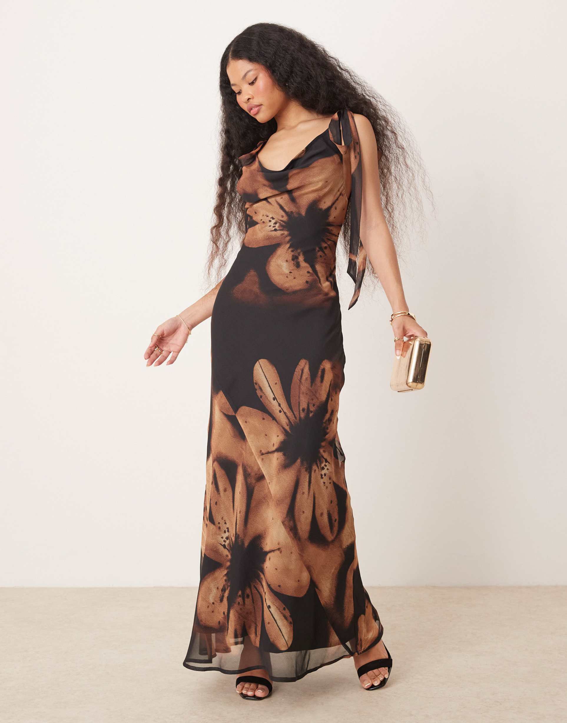 miss selfridge petite tie shoulder cowl neck slip dress in brown large floral print