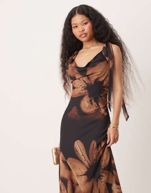 brown floral slip dress Francis Midi Dress - High Neck Slip Dress in Brown Floral