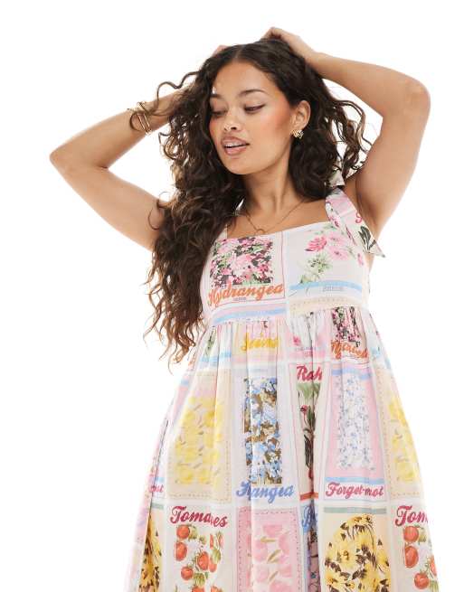 Miss Selfridge Petite tie shoulder maxi dress in postcard print, 4 of 4