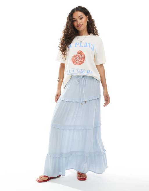 Miss Selfridge Petite tiered cheesecloth maxi skirt in light blue