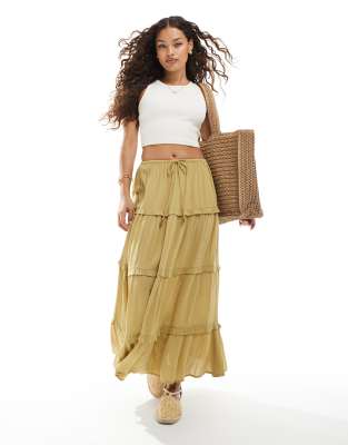 Petite tiered cheesecloth maxi skirt in light khaki green-Multi