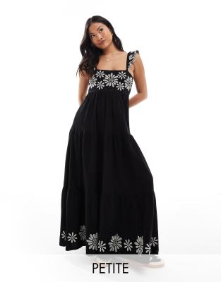 tiered maxi dress with embroidery detail in black