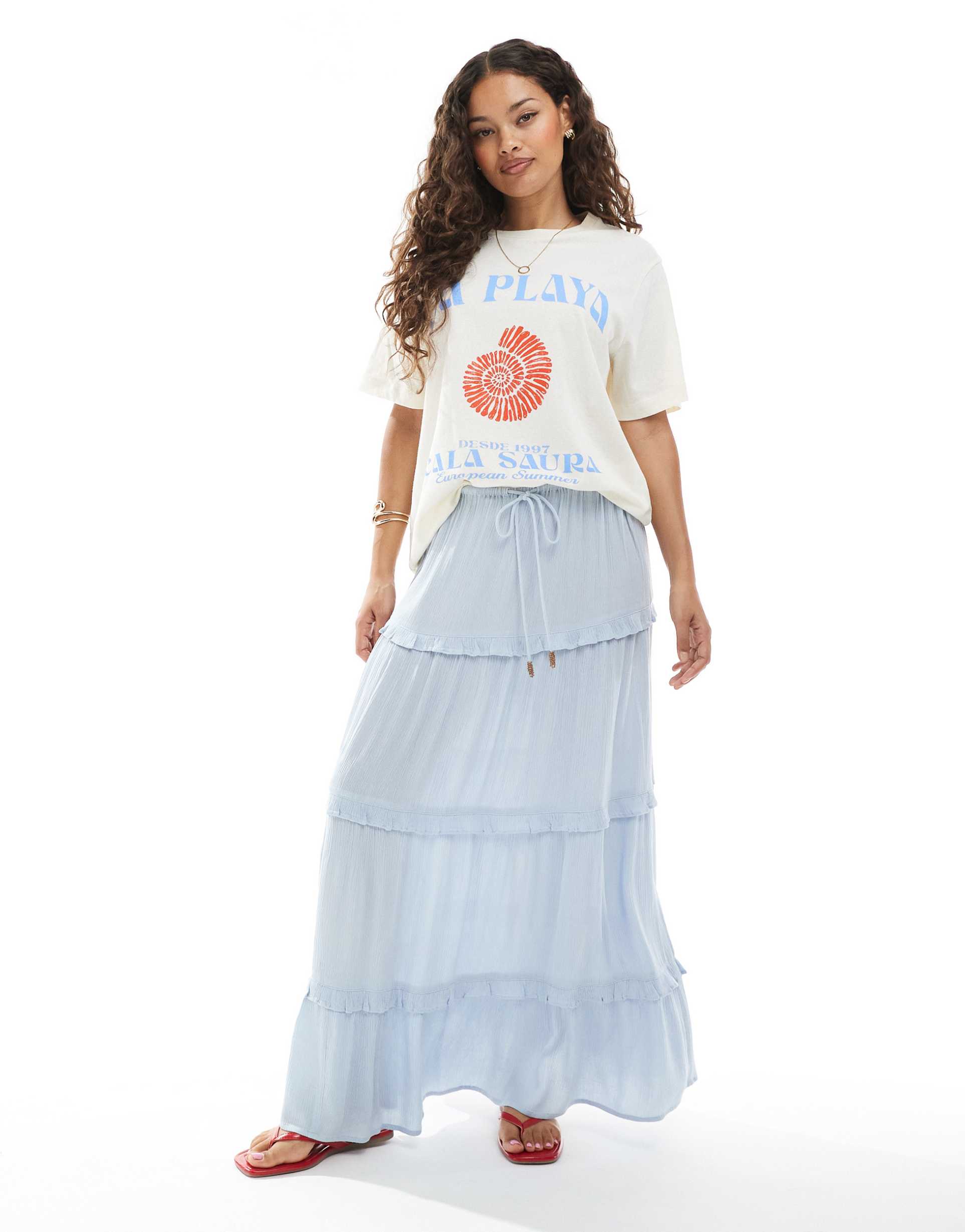 miss selfridge petite tiered maxi skirt in light blue