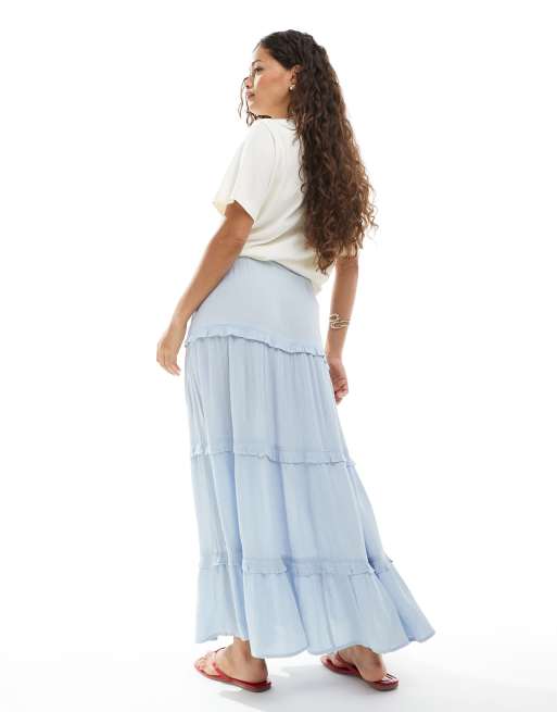 Miss Selfridge Petite tiered maxi skirt in light blue