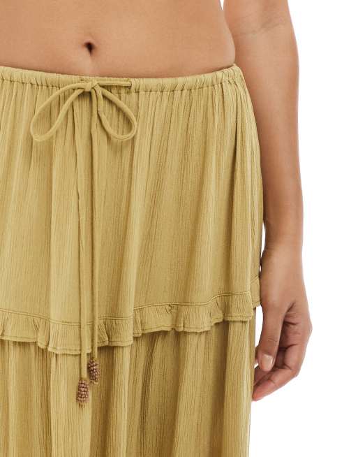 Miss Selfridge Petite tiered maxi skirt in light khaki