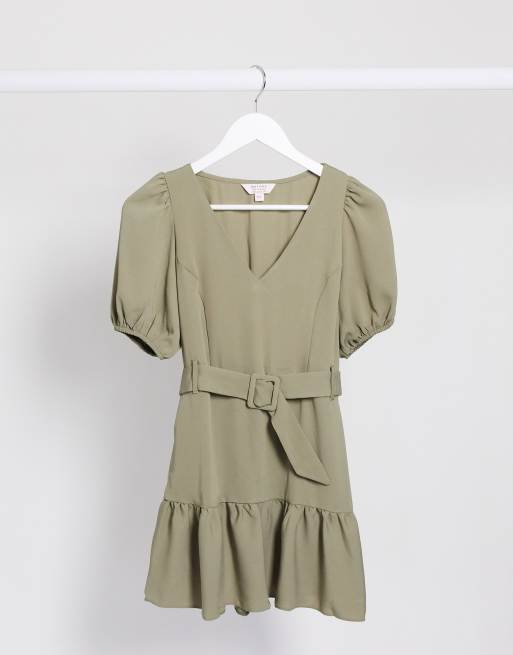 Miss Selfridge Petite tiered mini dress in khaki, 3 of 3