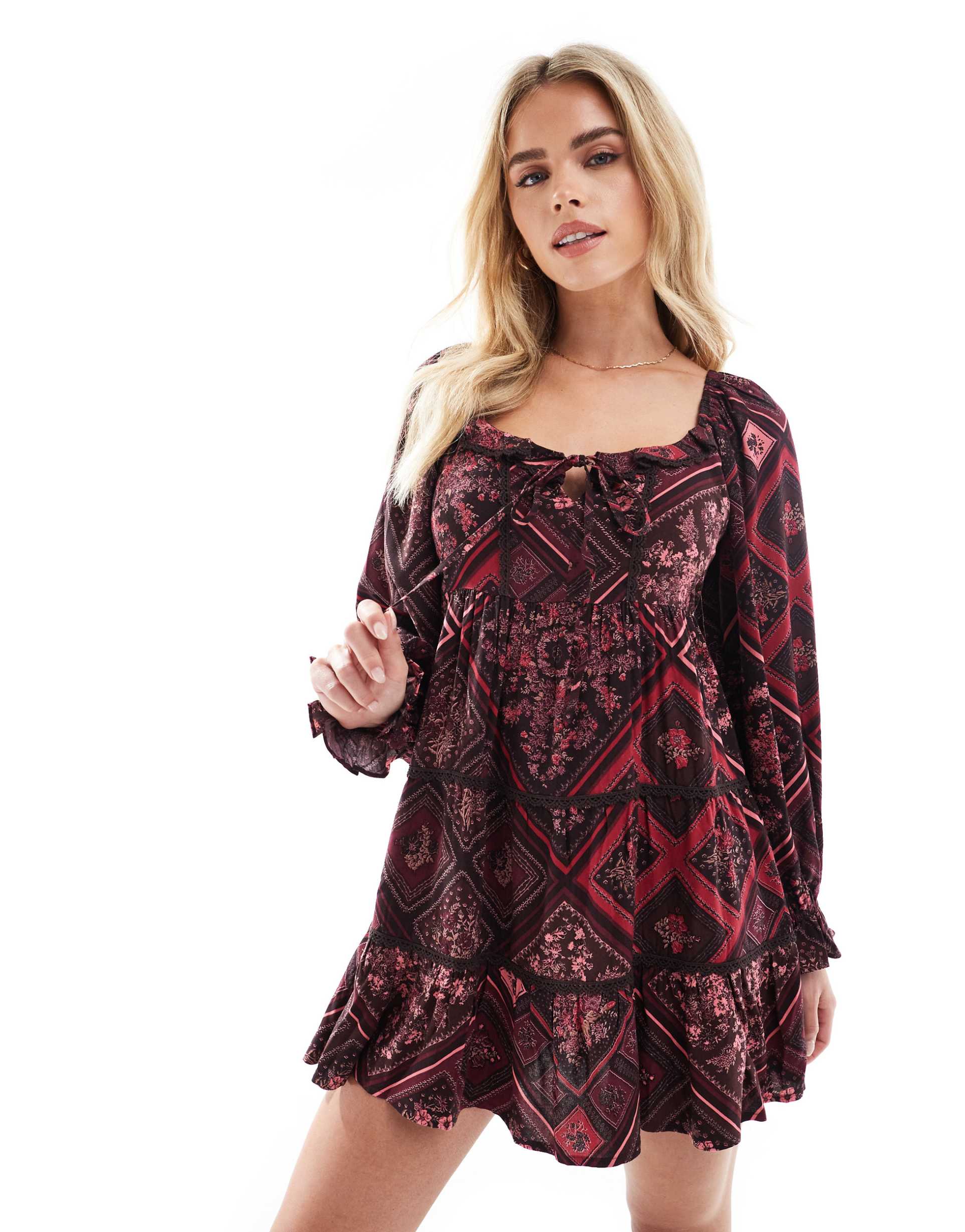 miss selfridge petite tiered mini dress in paisley floral print