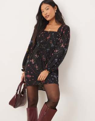 tiered mini dress in tile floral print-Multi