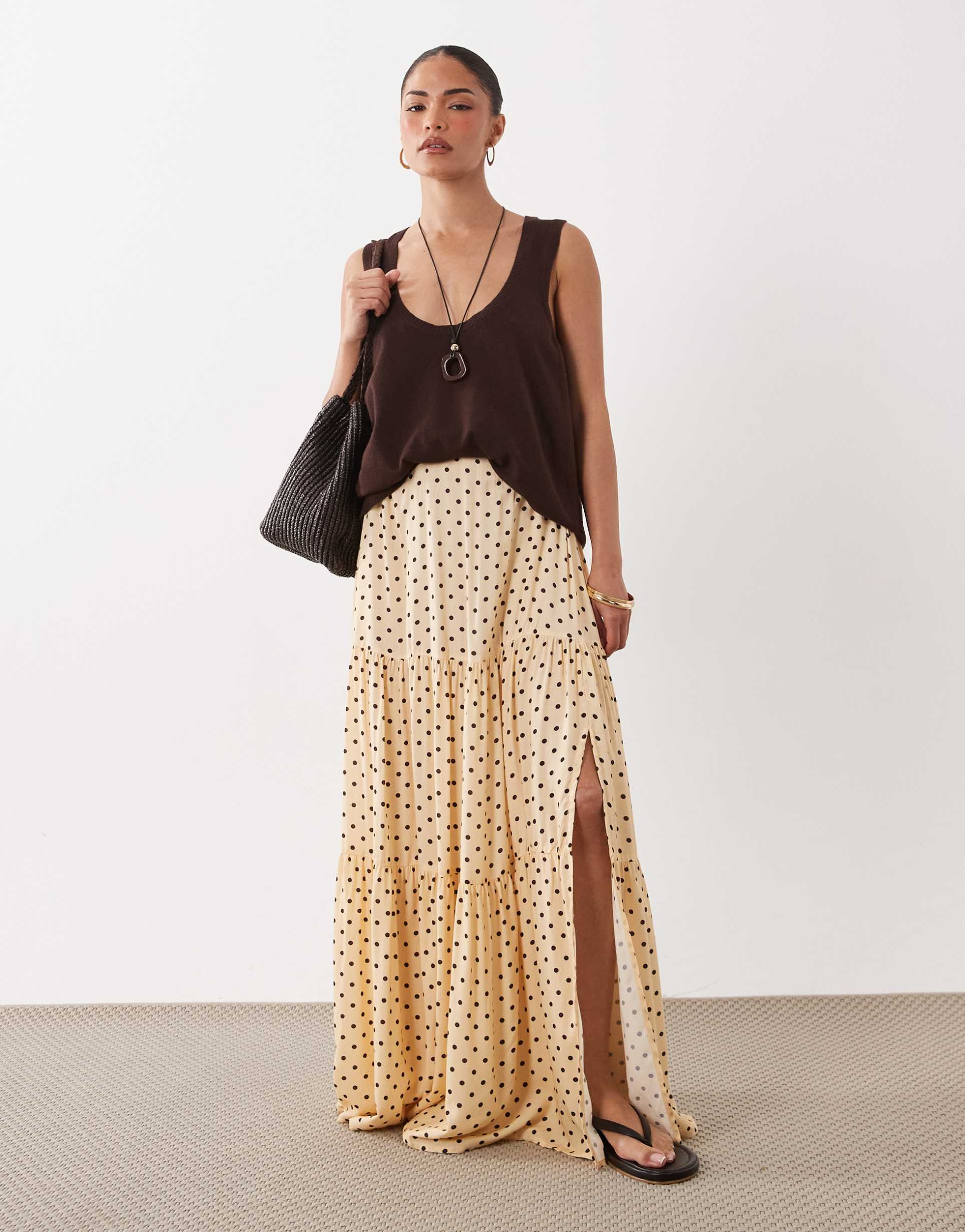 miss selfridge petite tiered spun maxi skirt in polka dot